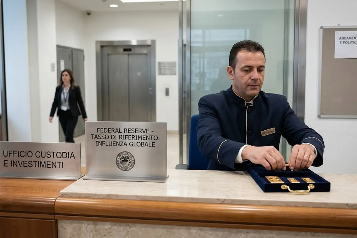 Funzionario bancario maneggia piccoli lingotti d'oro su un bancone di marmo in un ufficio istituzionale della Federal Reserve; dettaglio su tassi di riferimento e investimenti