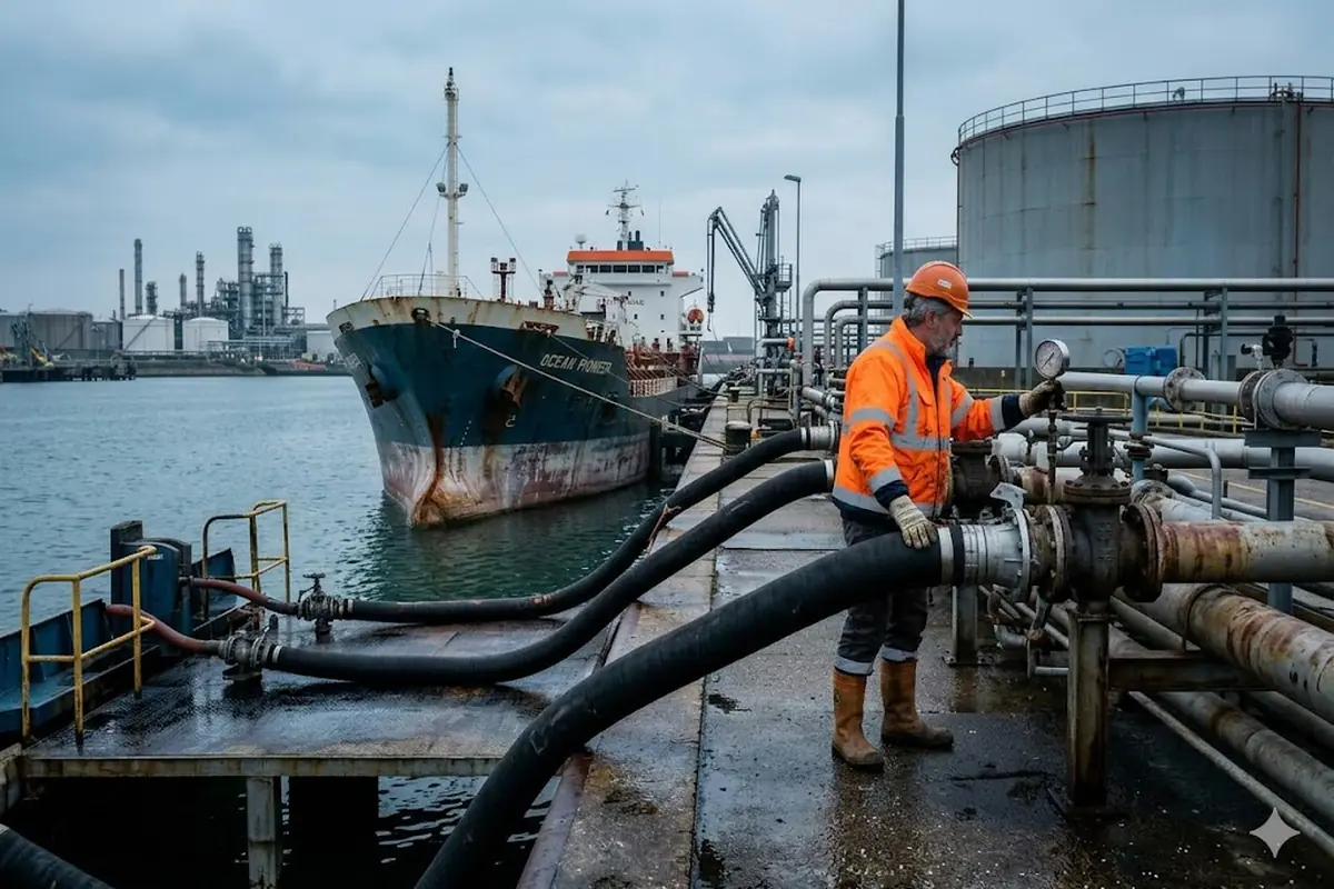 Operaio specializzato monitora il carico di greggio da una petroliera in un porto industriale; metafora del ruolo del petrolio contro l'inflazione