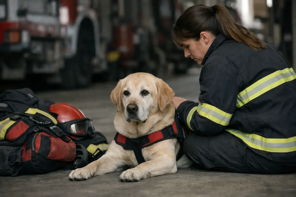 Labrador da soccorso sdraiato in caserma accanto a una vigile del fuoco e all’attrezzatura operativa