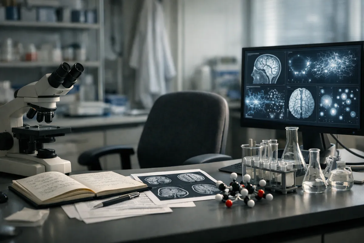 Postazione di laboratorio vuota con microscopio, appunti, immagini cerebrali e monitor con scansioni del cervello