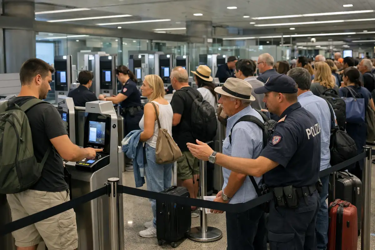Coda ai chioschi biometrici al controllo passaporti, con agente di polizia che assiste i viaggiatori