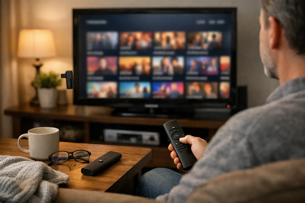 Persona sul divano con telecomando, TV con schermata streaming e stick HDMI collegato, tazza e occhiali sul tavolo