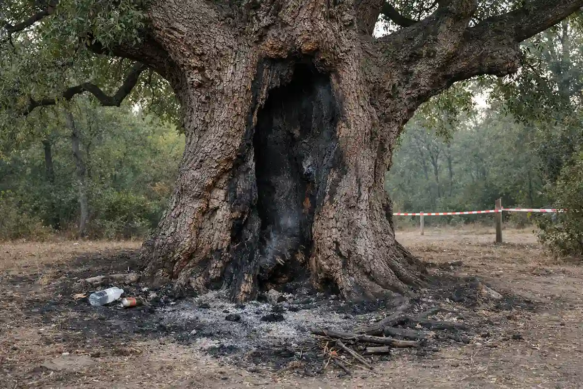 Tronco cavo di un grande leccio con bruciature e cenere alla base, in un bosco con nastro di delimitazione
