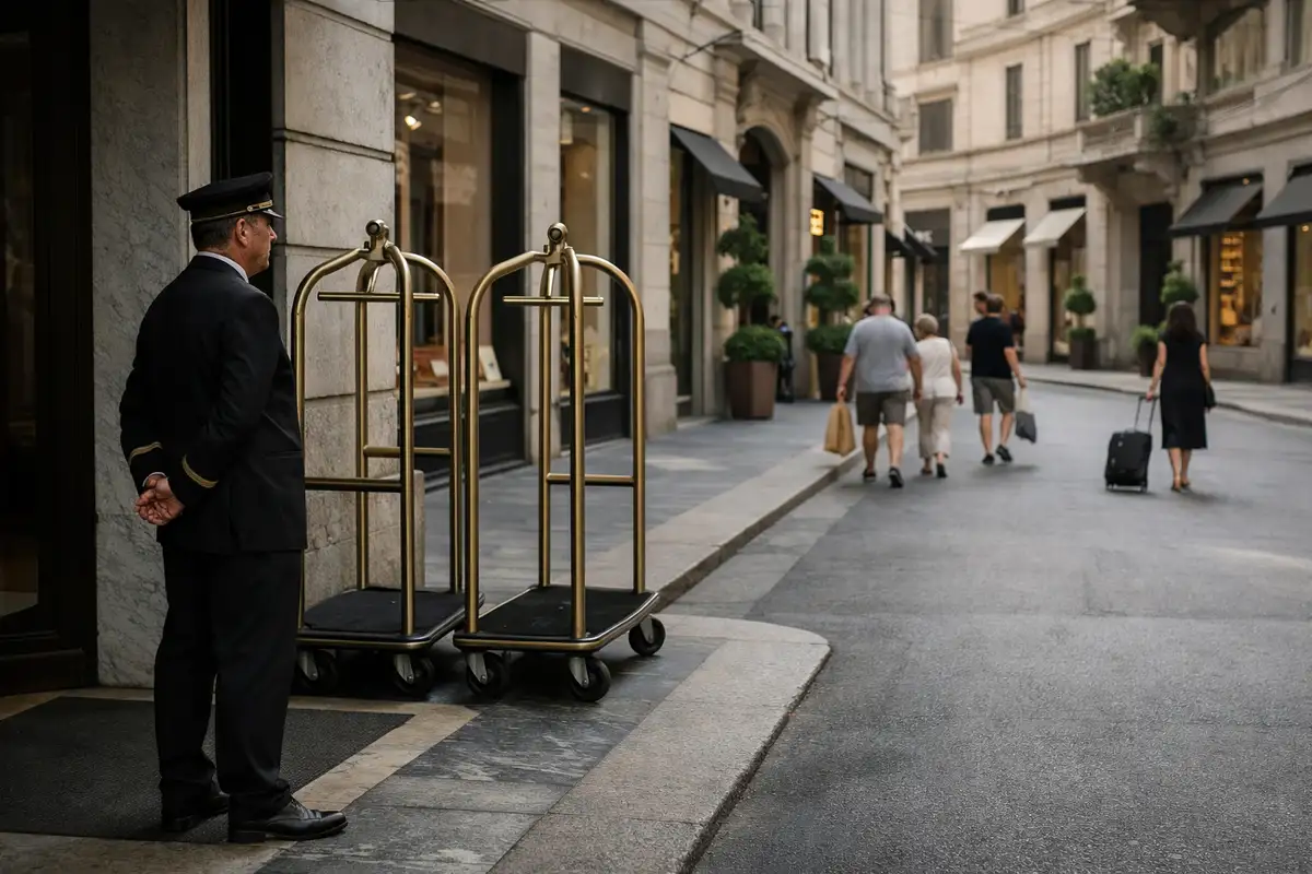 Portiere davanti a un hotel con carrelli portabagagli su una via elegante e poco affollata