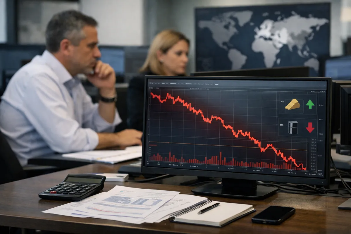 Monitor con grafico di Borsa in forte calo su scrivania con calcolatrice e documenti, in sala trading