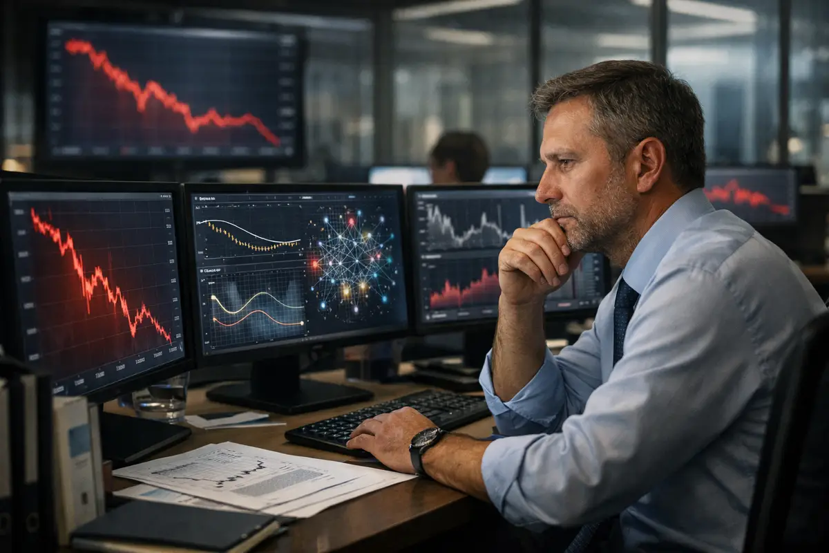 Analista finanziario in ufficio davanti a più monitor con grafici di mercato in calo e rete dati in stile AI