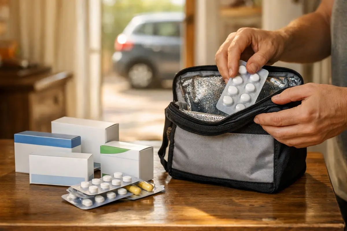 Mani che ripongono un blister di pillole in una borsa termica, con scatole di medicinali su un tavolo e un’auto sfocata fuori
