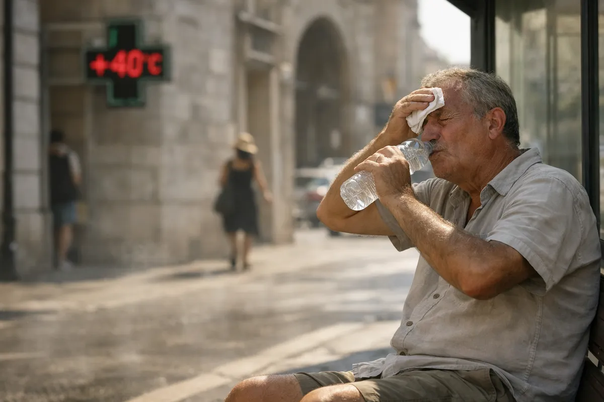 Uomo anziano si asciuga il sudore e beve acqua all’ombra in strada, con termometro digitale sfocato a +40°C