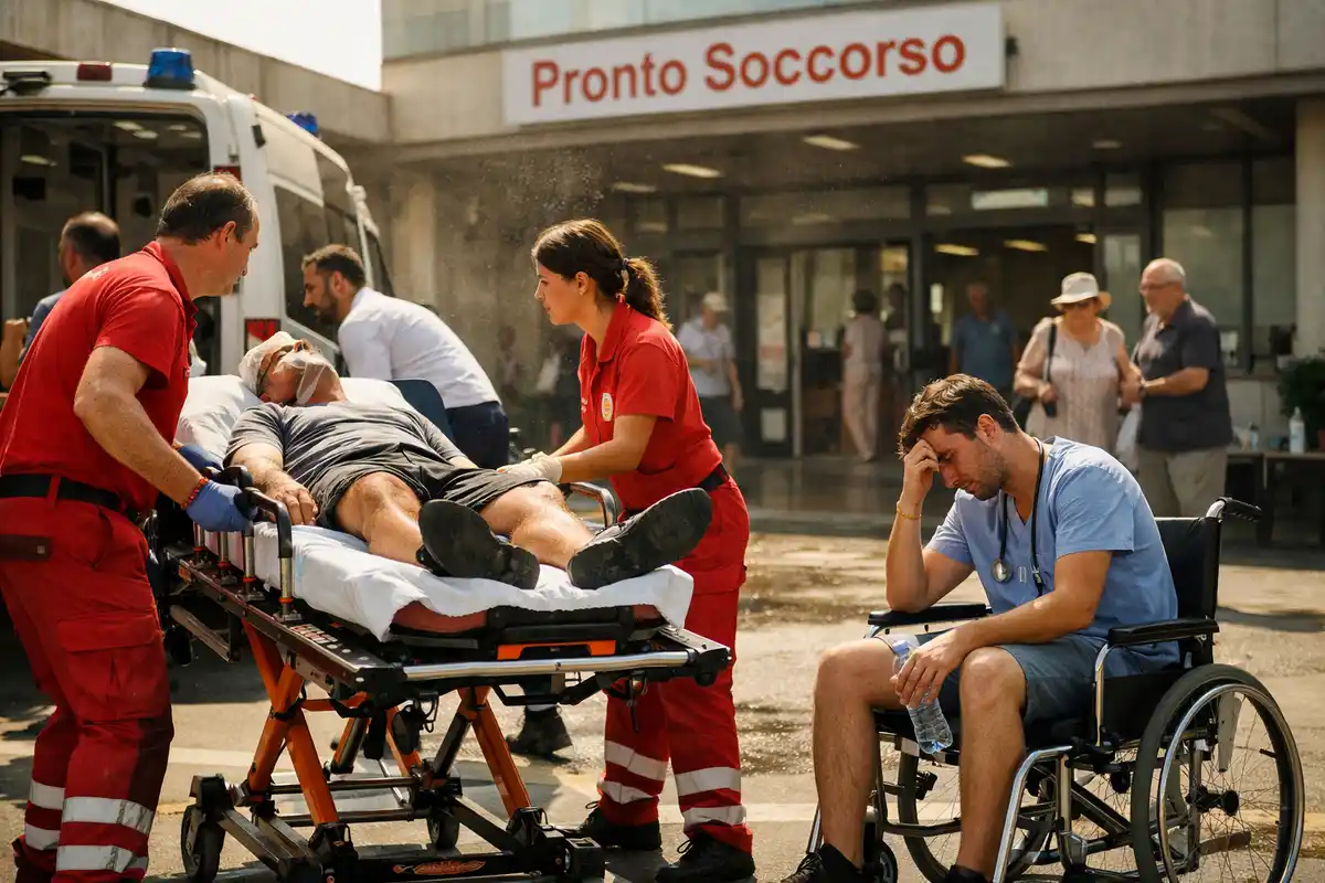 Soccorritori assistono un uomo su barella davanti al Pronto Soccorso, mentre un altro paziente è seduto in carrozzina al sole