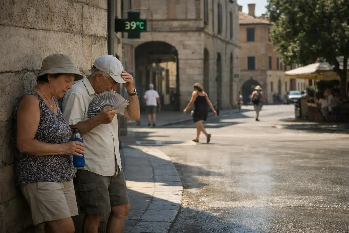 Due anziani all’ombra contro un muro, con borraccia e ventaglio, mentre un display segna 39°C in strada