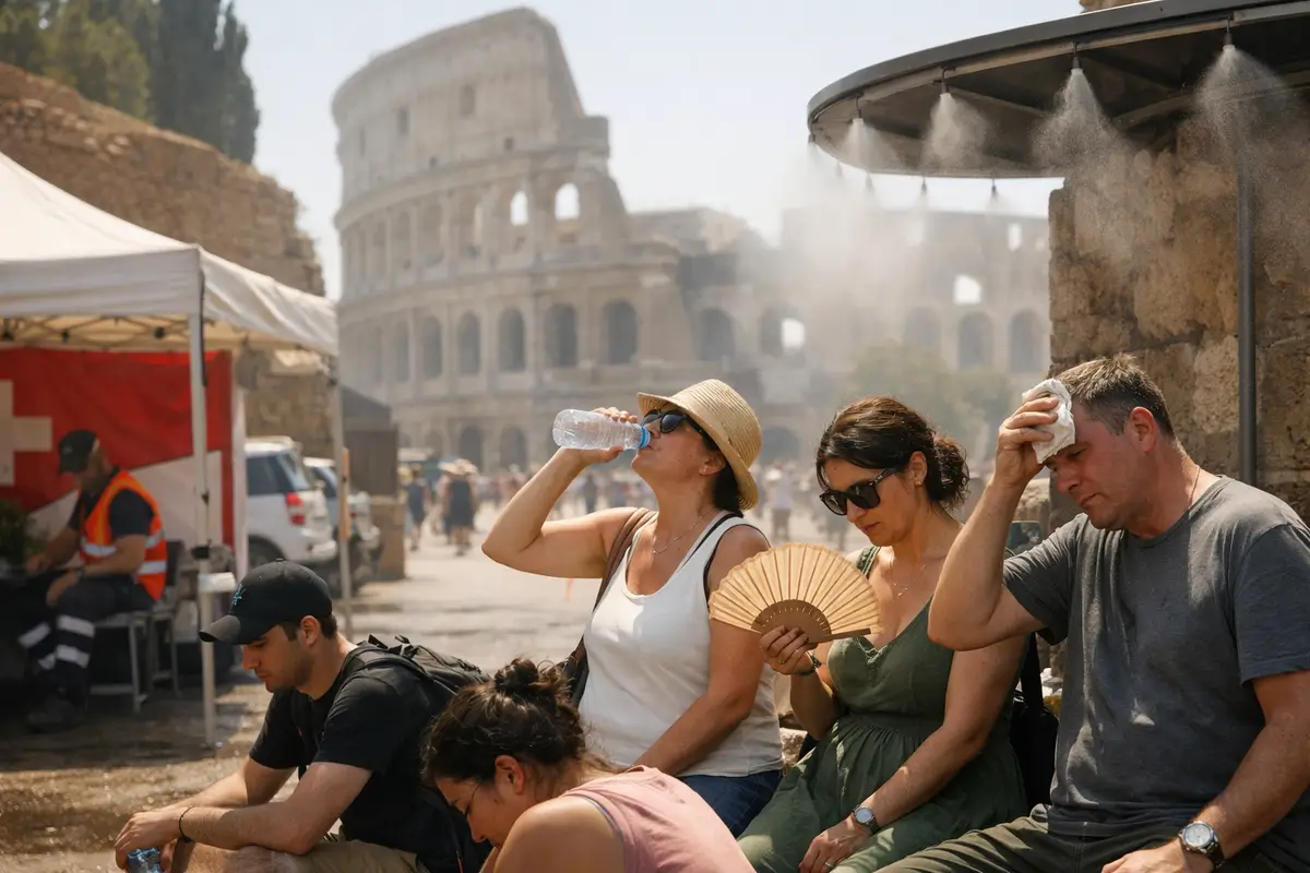 Turisti al Colosseo si riparano dal caldo, bevono acqua e usano un ventaglio sotto nebulizzatori