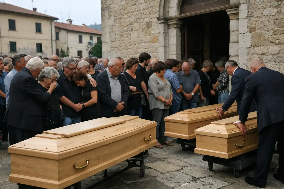 Due bare in legno chiaro davanti all’ingresso di una chiesa in pietra, con folla in lutto raccolta in silenzio