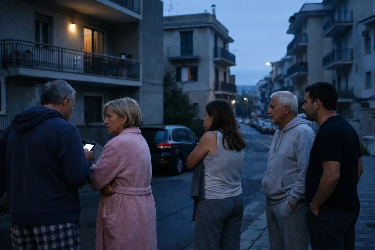 Residenti in strada all’alba davanti a palazzi, preoccupati dopo una scossa, con auto parcheggiate sullo sfondo