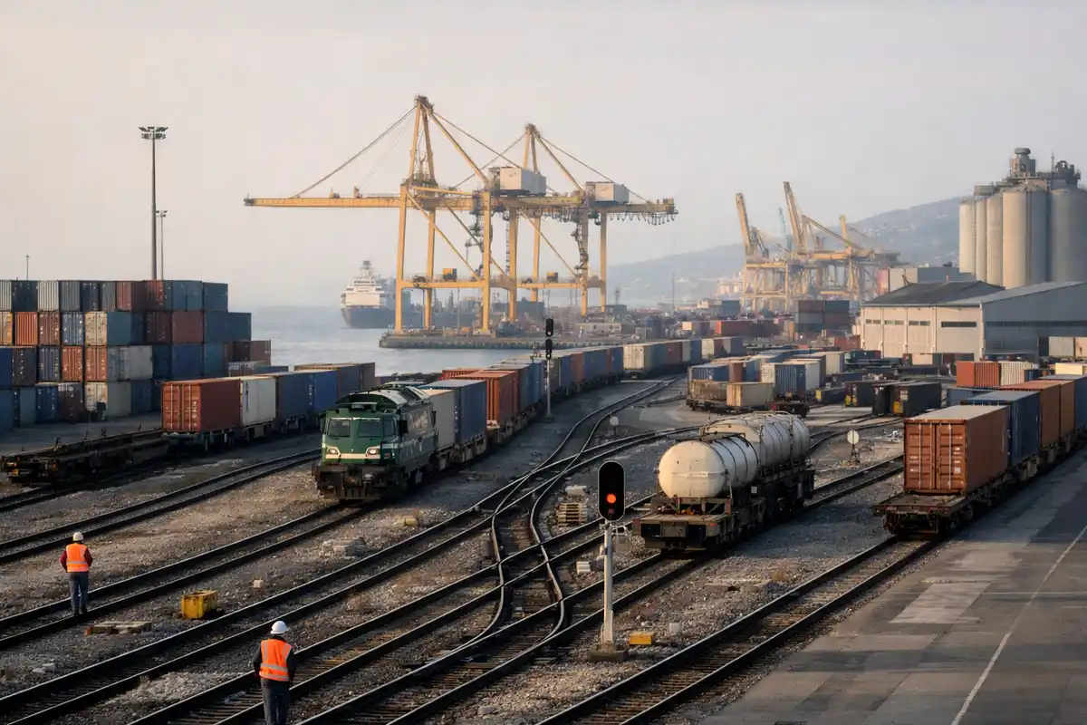 Scalo ferroviario portuale con treni merci, container impilati, gru e mare sullo sfondo