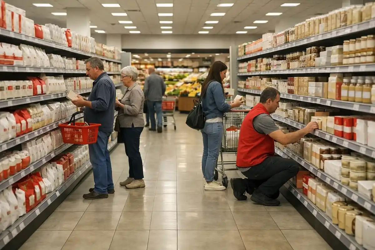 Corsia di supermercato con scaffali pieni, clienti che scelgono prodotti e addetto che sistema le confezioni