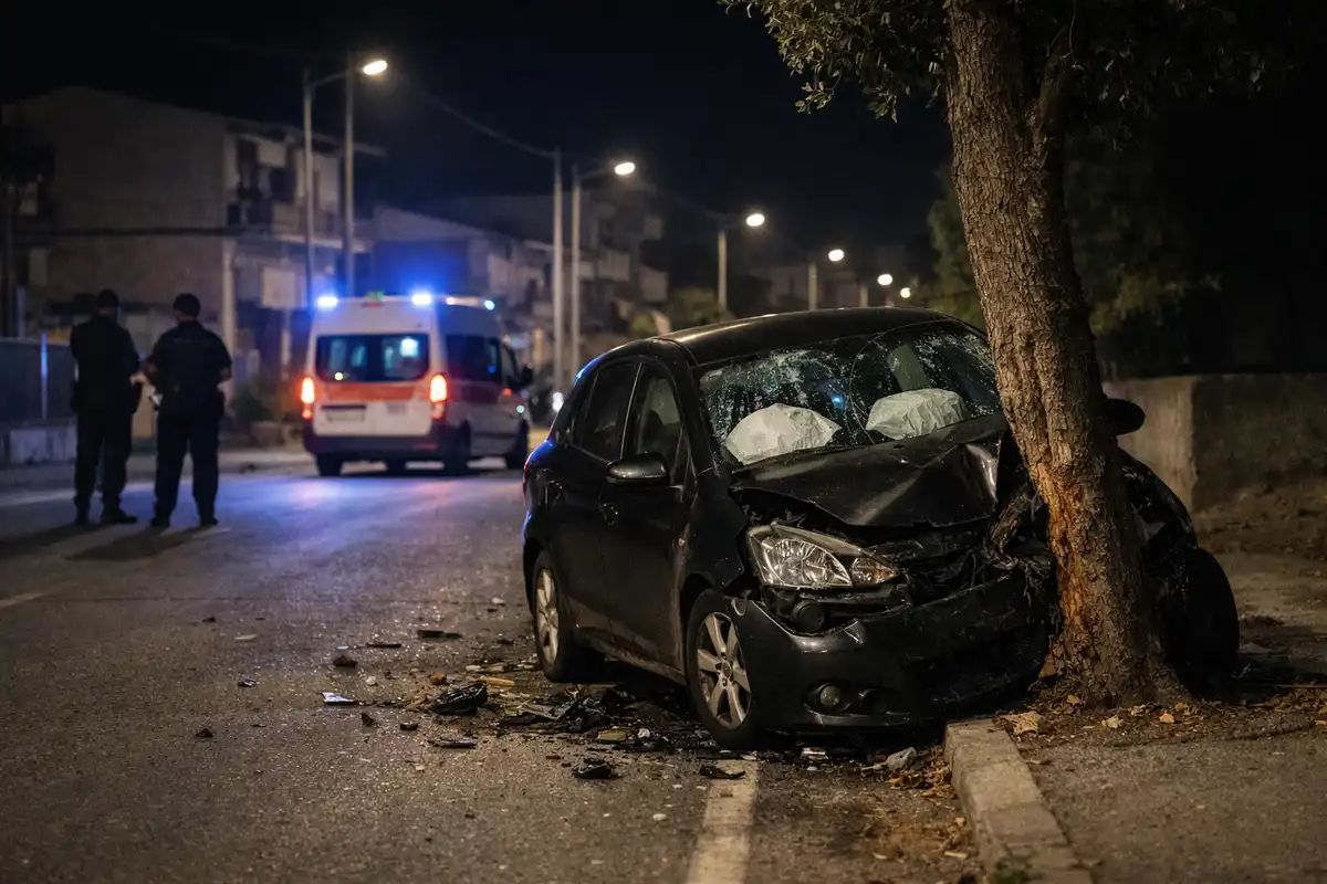 Auto scura incidentata contro un albero di notte, con airbag aperti e detriti sull’asfalto, luci blu sullo sfondo