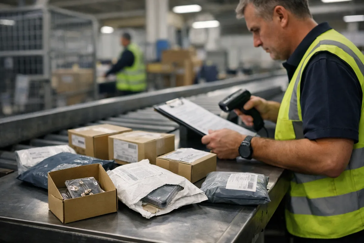 Ispettore doganale scansiona piccoli pacchi e buste su un nastro trasportatore in un hub logistico