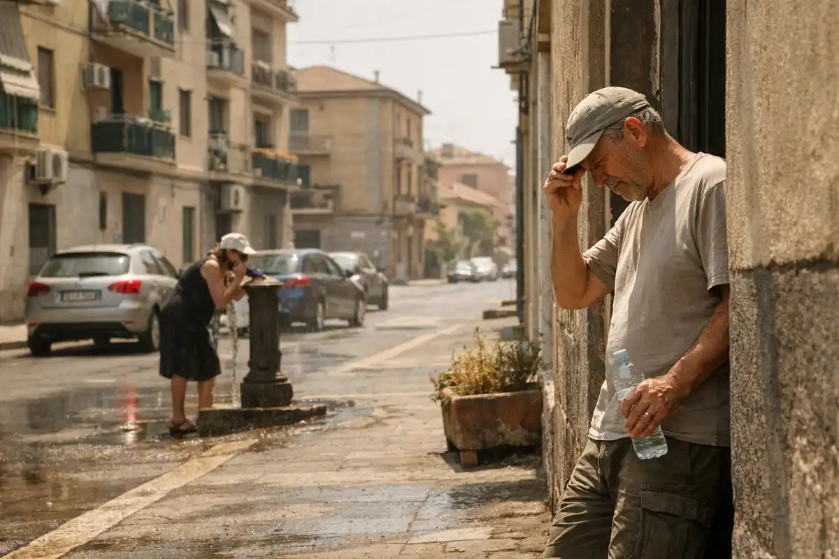 Uomo in cerca d’ombra con bottiglia d’acqua in una strada urbana assolata, mentre una persona beve da una fontanella