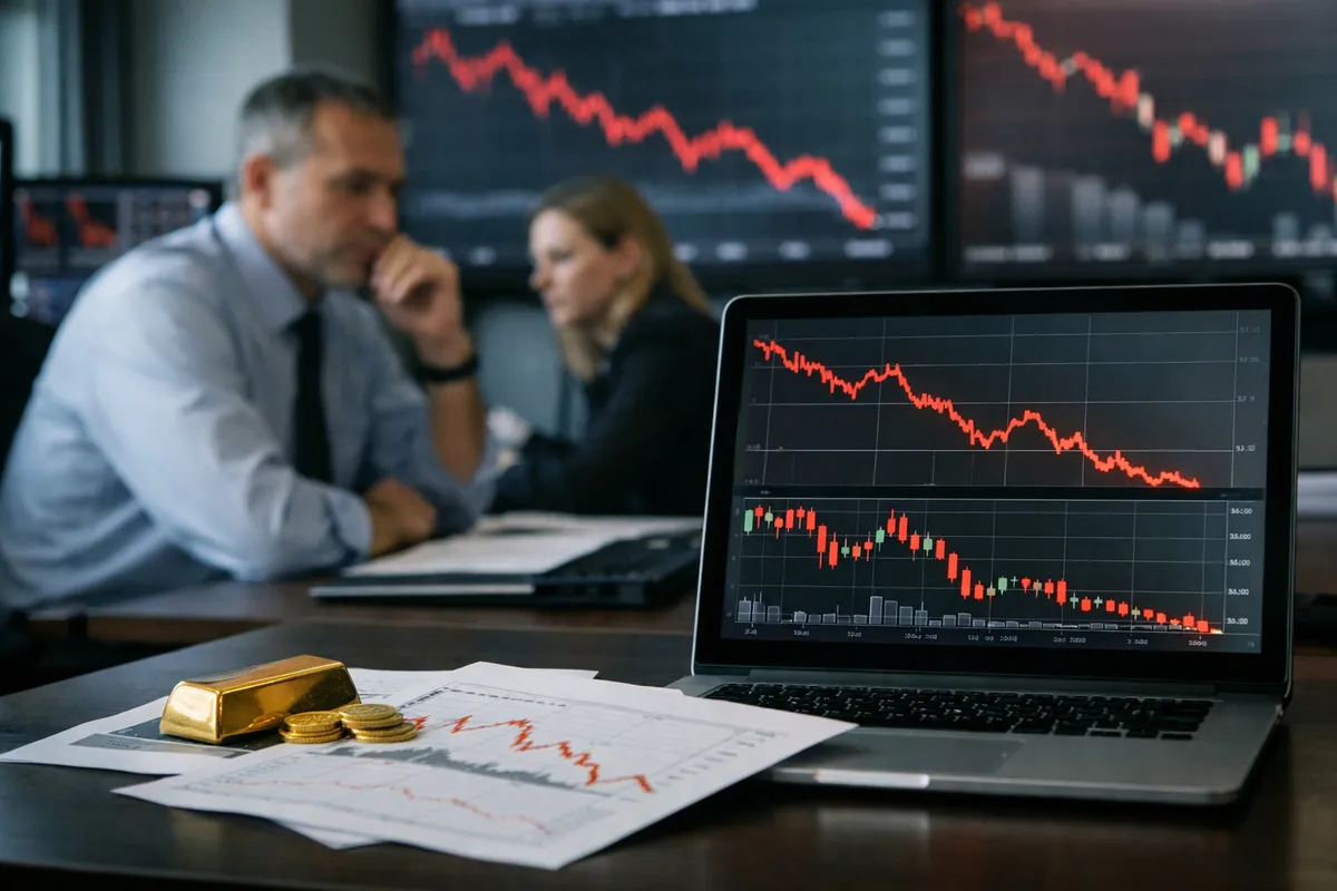 Laptop con grafici in rosso in calo, lingotto e monete d’oro su documenti in ufficio finanziario