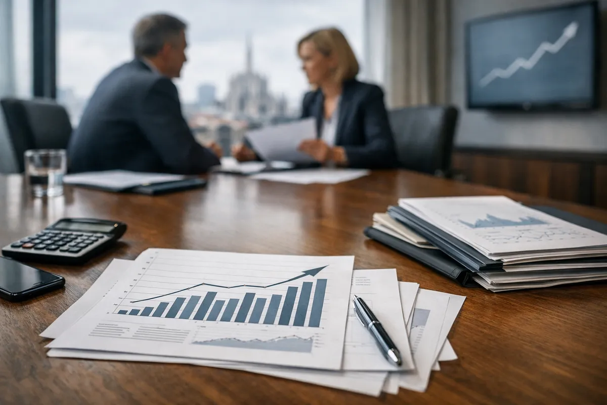Report finanziari con grafici in crescita su un tavolo di sala riunioni, con due dirigenti sfocati e monitor con curva in