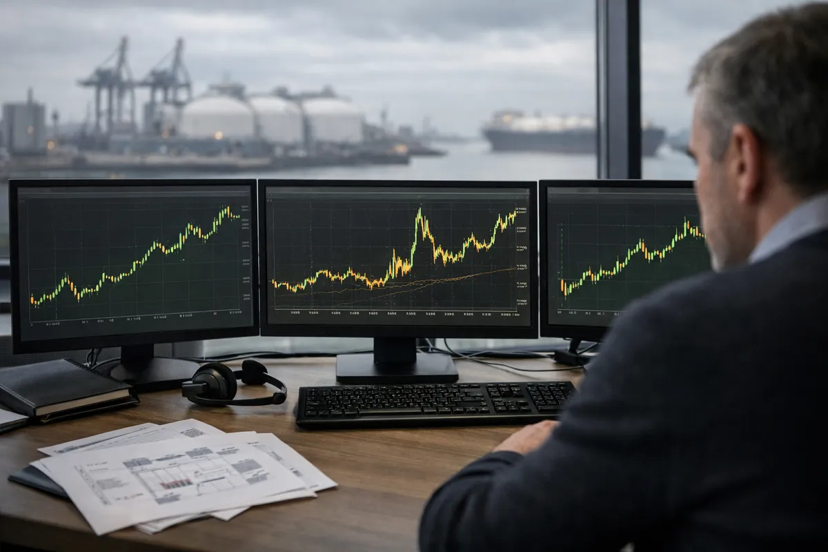 Operatore davanti a tre monitor con grafici in rialzo, sullo sfondo un terminale GNL al porto