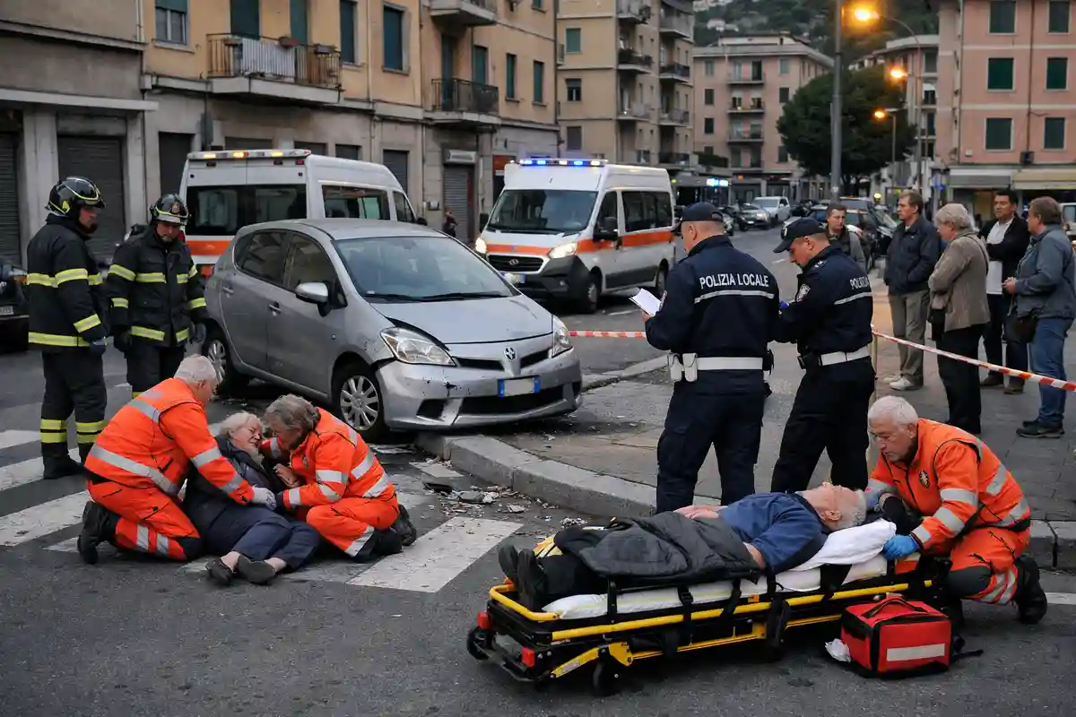 Soccorsi e polizia locale in strada dopo un’auto sul marciapiede, con feriti assistiti su barella e a terra