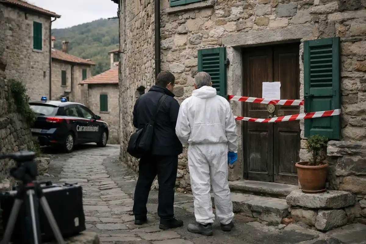 Investigatori davanti a una casa in pietra con porta transennata e auto dei carabinieri in una via di borgo
