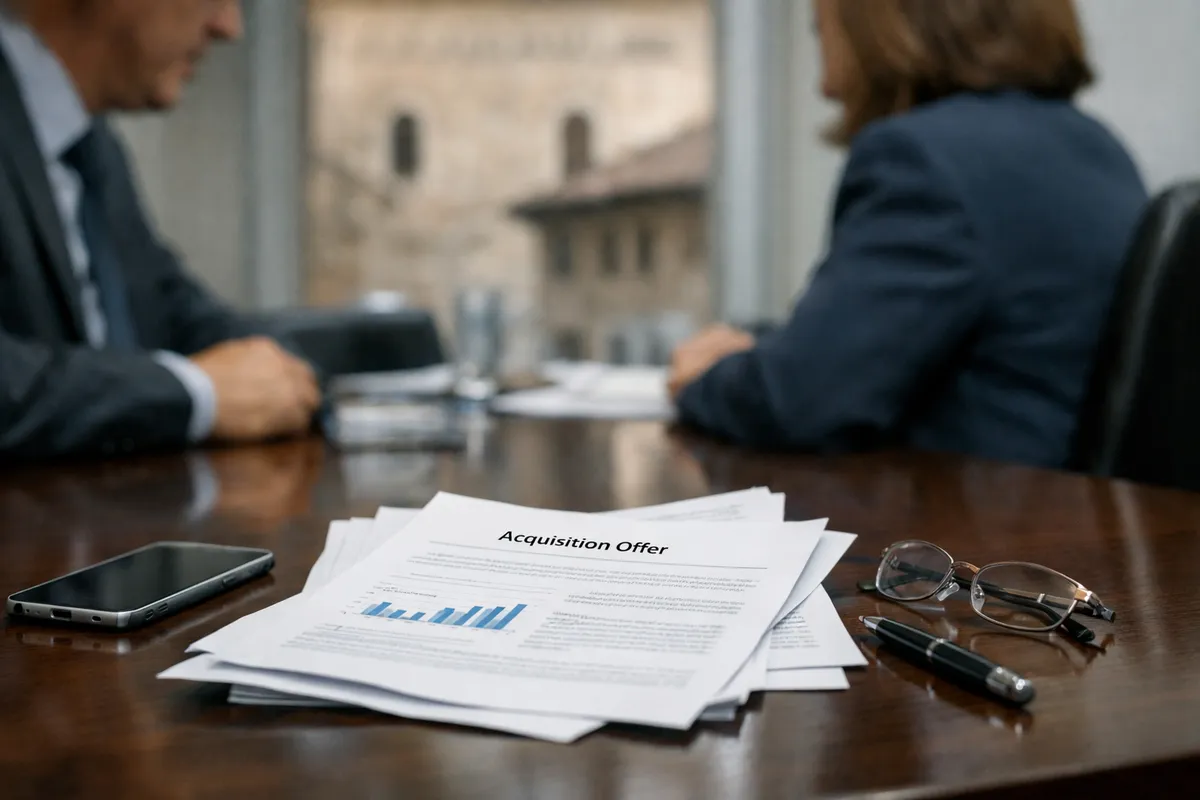 Documento “Acquisition Offer” su un tavolo con smartphone, penna e occhiali; due professionisti sfocati sullo sfondo