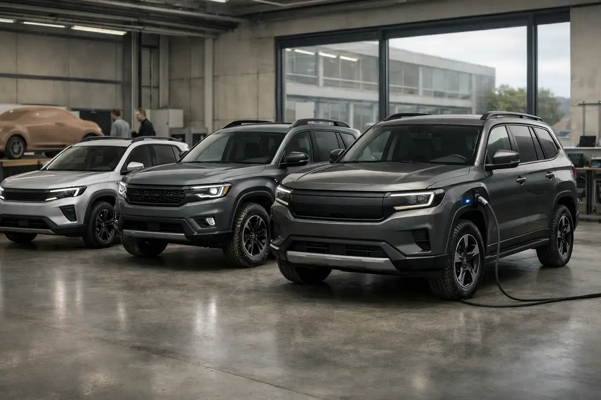 Tre SUV moderni in un centro di progettazione, con il modello più grande collegato a un cavo di ricarica