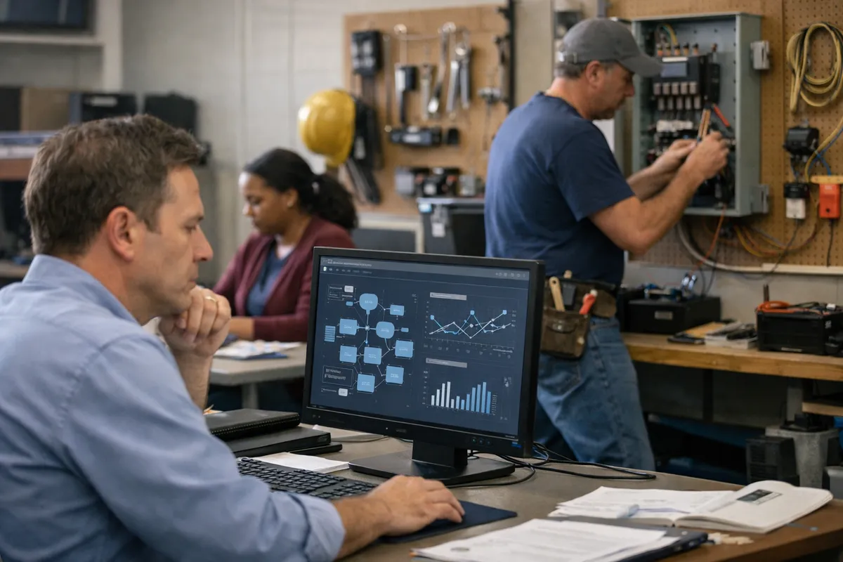 Impiegato al computer con grafici e flussi di lavoro, mentre un tecnico lavora su un quadro elettrico in laboratorio