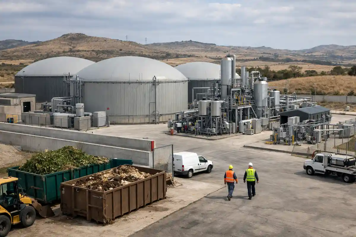Impianto di biometano con grandi digestori, tubazioni, mezzi di servizio e due operatori in area industriale