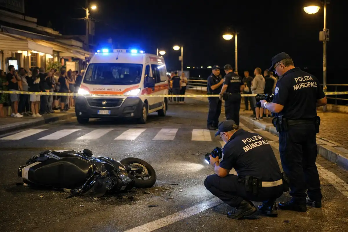 Incidente notturno con moto a terra, polizia municipale e ambulanza con luci blu dietro il nastro di sicurezza