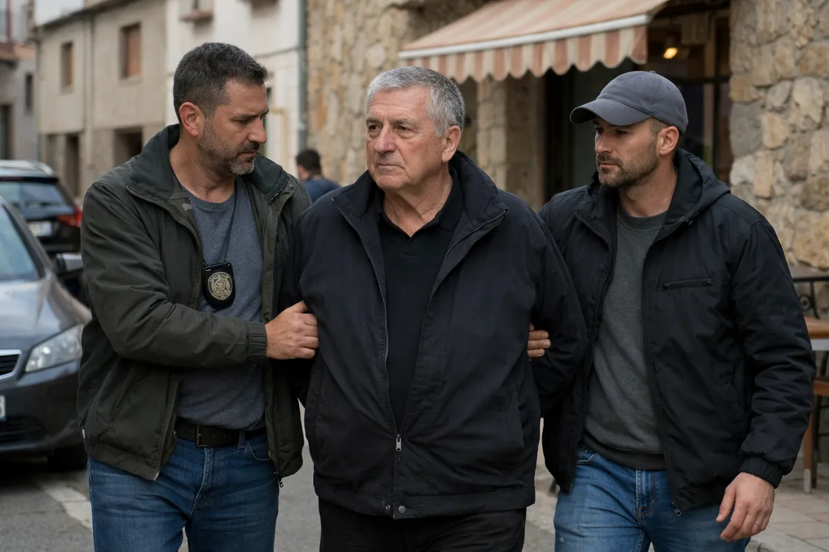 Uomo anziano scortato da due agenti in borghese su una strada urbana davanti a un edificio in pietra