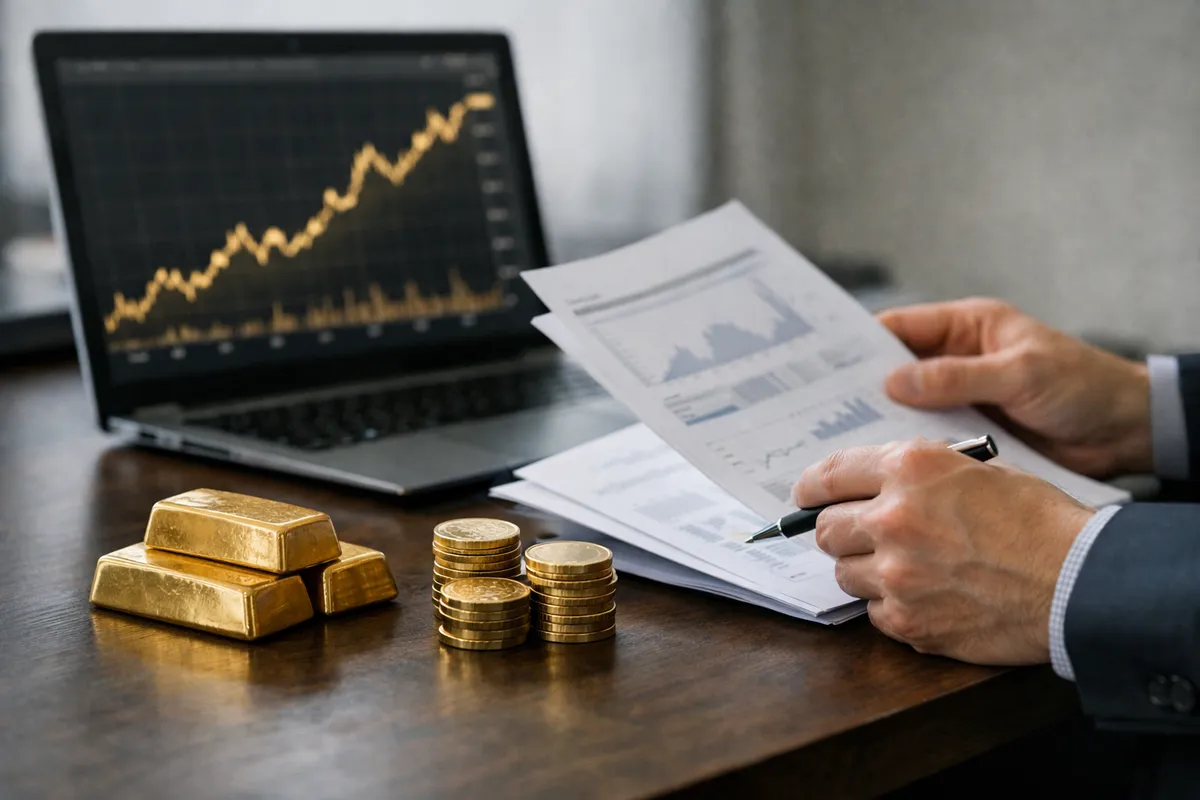 Lingotti e monete d’oro su una scrivania, con grafico in rialzo sul laptop e mani che analizzano documenti