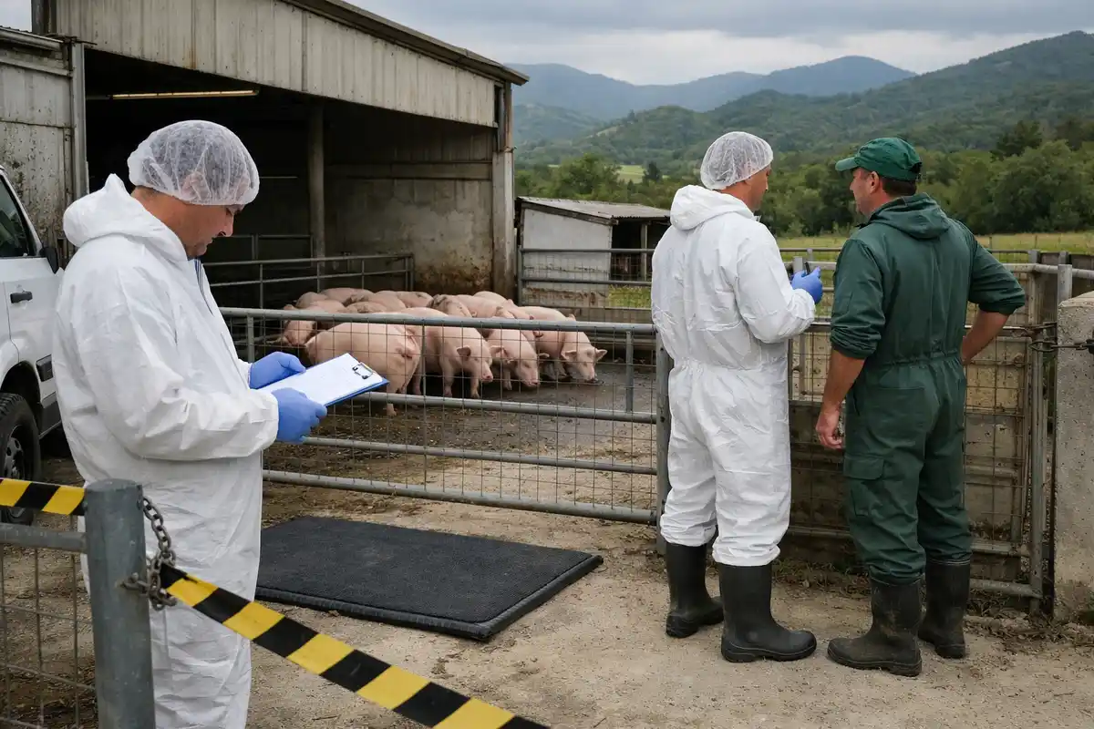 Veterinari in tute protettive controllano un allevamento di suini con maiali nel recinto e colline sullo sfondo
