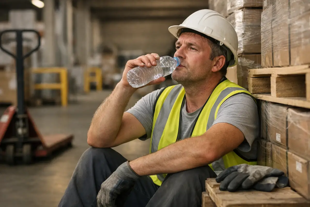 Operaio in magazzino con casco e gilet alta visibilità beve acqua seduto accanto a pallet di scatole