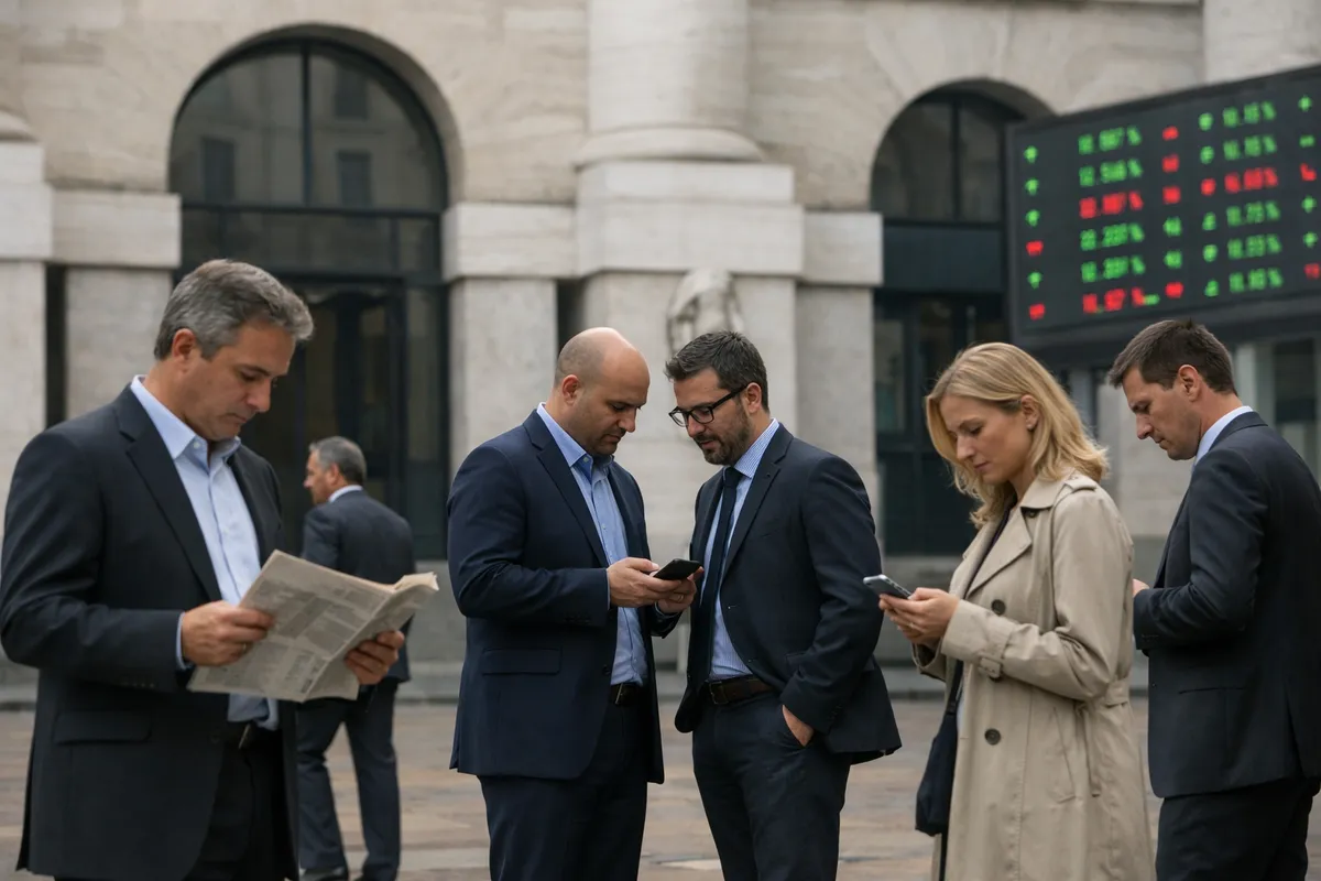 Persone in abiti da lavoro consultano smartphone e giornale davanti a un edificio con tabellone di Borsa
