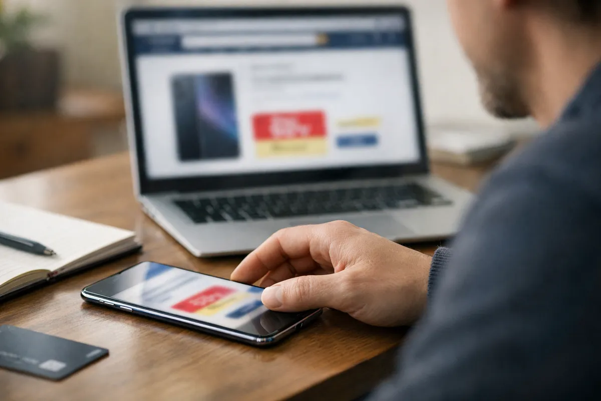 Mano che scorre su uno smartphone su una scrivania, con laptop sullo sfondo e pagina di offerta sfocata