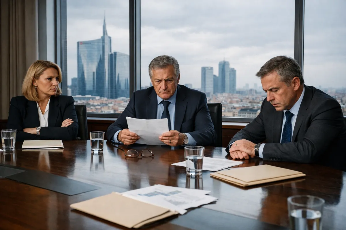 Tre dirigenti in sala riunioni con documenti sul tavolo e skyline di Milano sullo sfondo