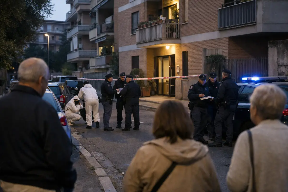 Polizia e tecnici della scientifica davanti a un palazzo, area transennata con nastro e lampeggianti blu al crepuscolo