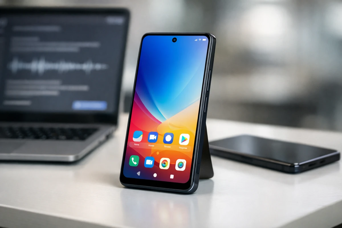 Smartphone moderno su tavolo con schermo acceso e fotocamera frontale a foro centrale, laptop sfocato sullo sfondo