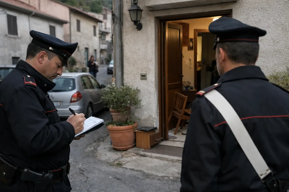 Due militari dell’Arma davanti a una casa con porta aperta e oggetti in disordine nell’ingresso, in una strada residenziale