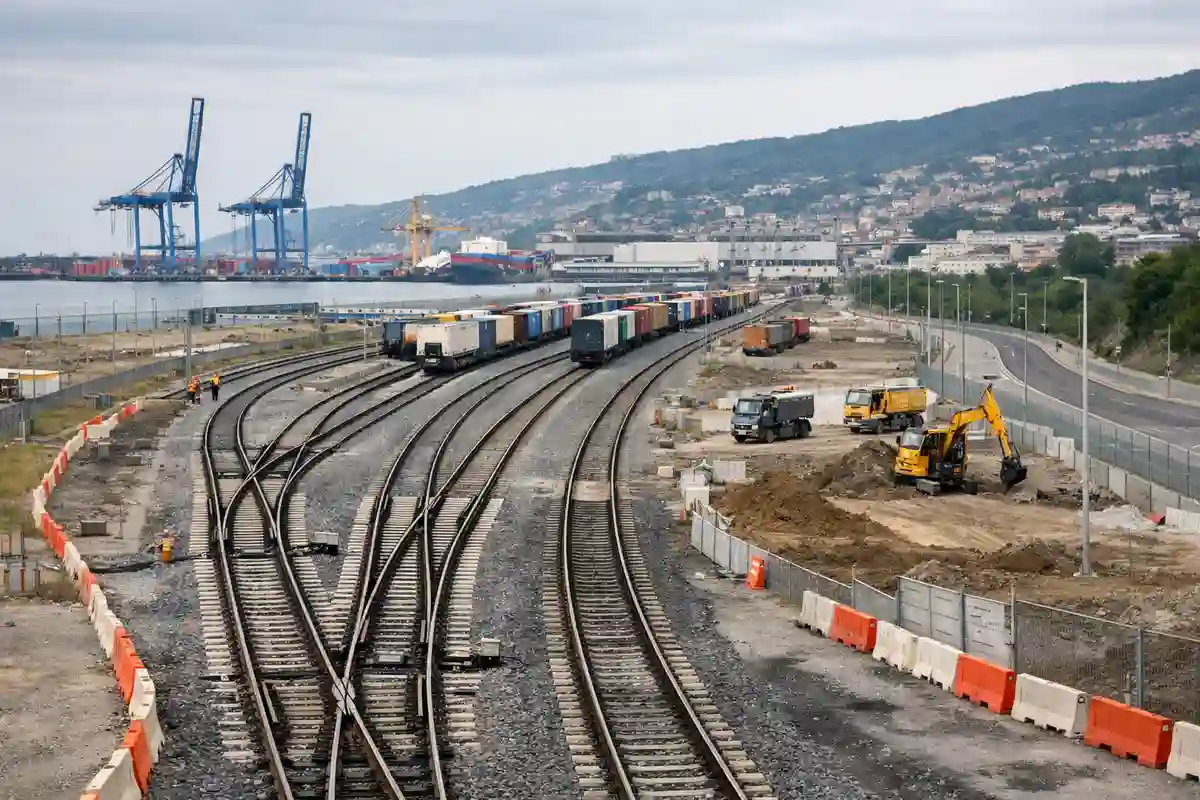 Fascio di binari merci in costruzione vicino al porto, con container, gru e mezzi da cantiere