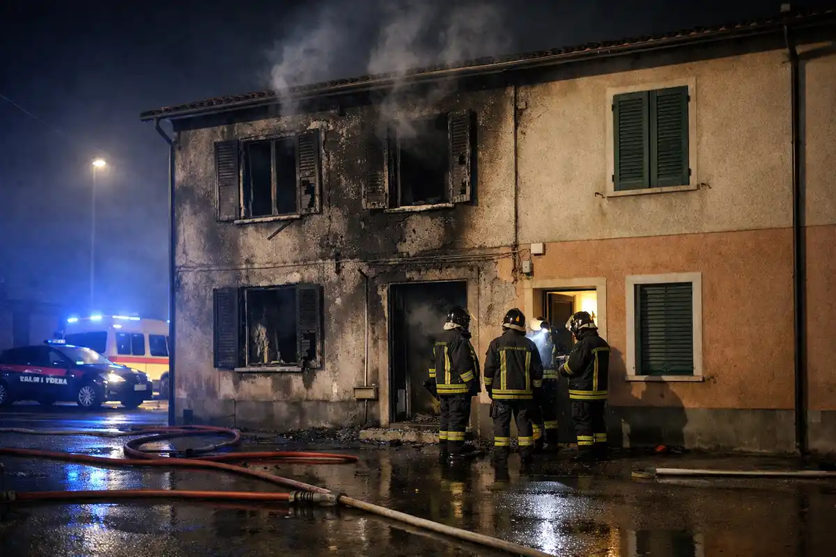 Vigili del fuoco davanti a un appartamento annerito dal fumo, con tubi antincendio e strada bagnata di notte