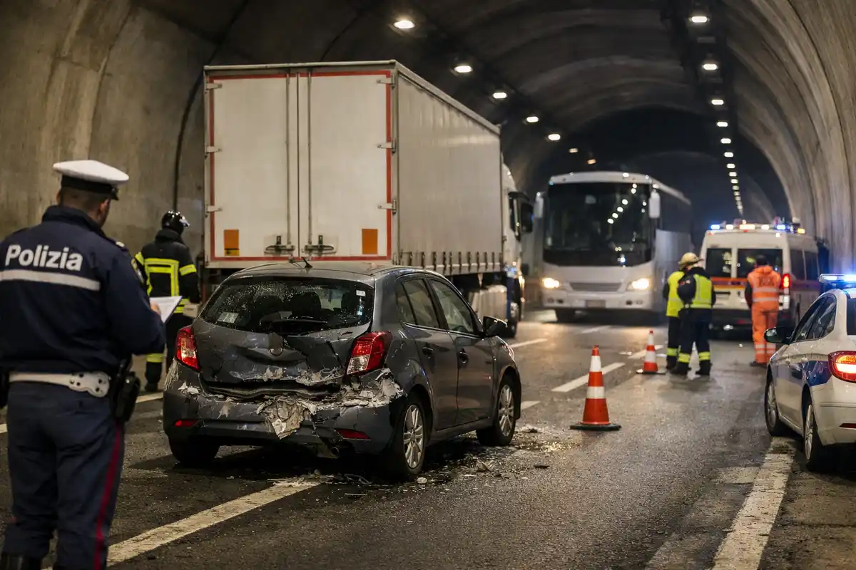 Auto danneggiata in una galleria autostradale, con camion, pullman e soccorsi tra coni e lampeggianti