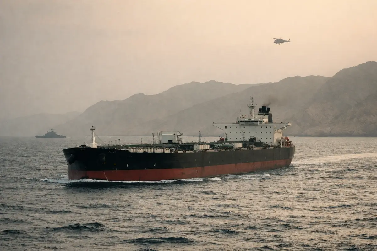 Petroliera in navigazione con costa rocciosa sullo sfondo, nave di pattuglia all’orizzonte ed elicottero in cielo