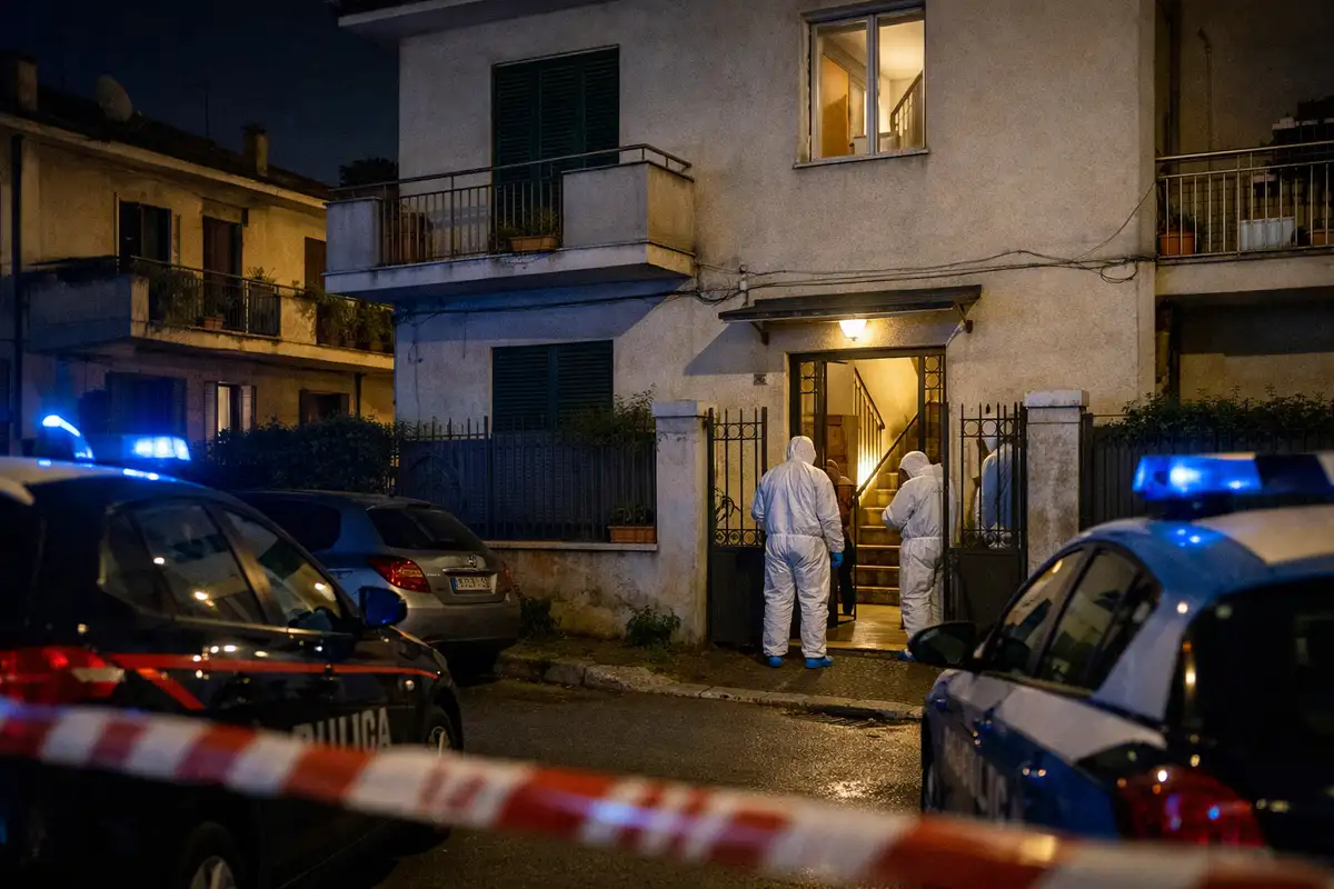 Palazzina residenziale di notte con auto della polizia, luci blu e tecnici in tuta bianca all’ingresso