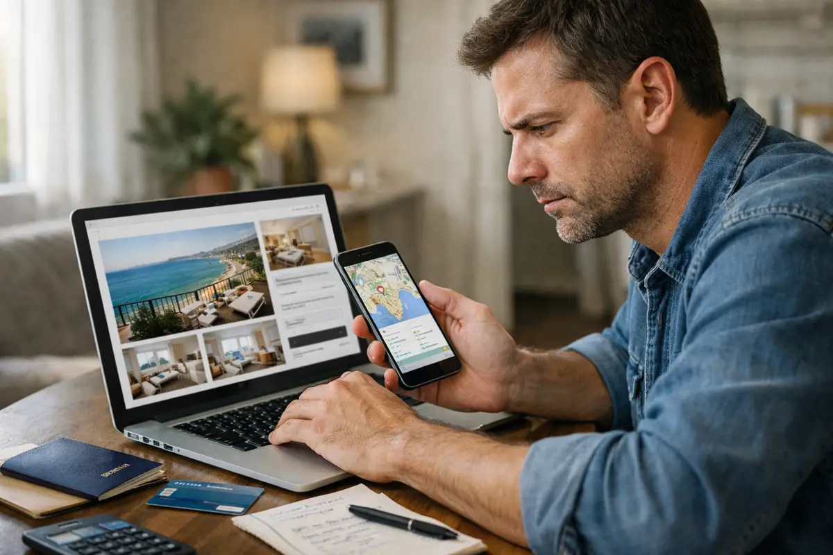 Uomo preoccupato confronta un annuncio di casa vacanza sul laptop con una mappa sullo smartphone, con passaporto e carta