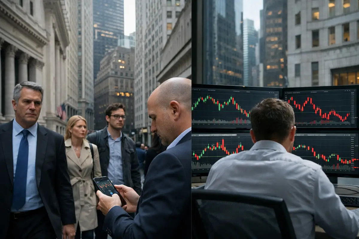 Professionisti a Wall Street e analista in ufficio davanti a monitor con grafici di Borsa in rosso e verde