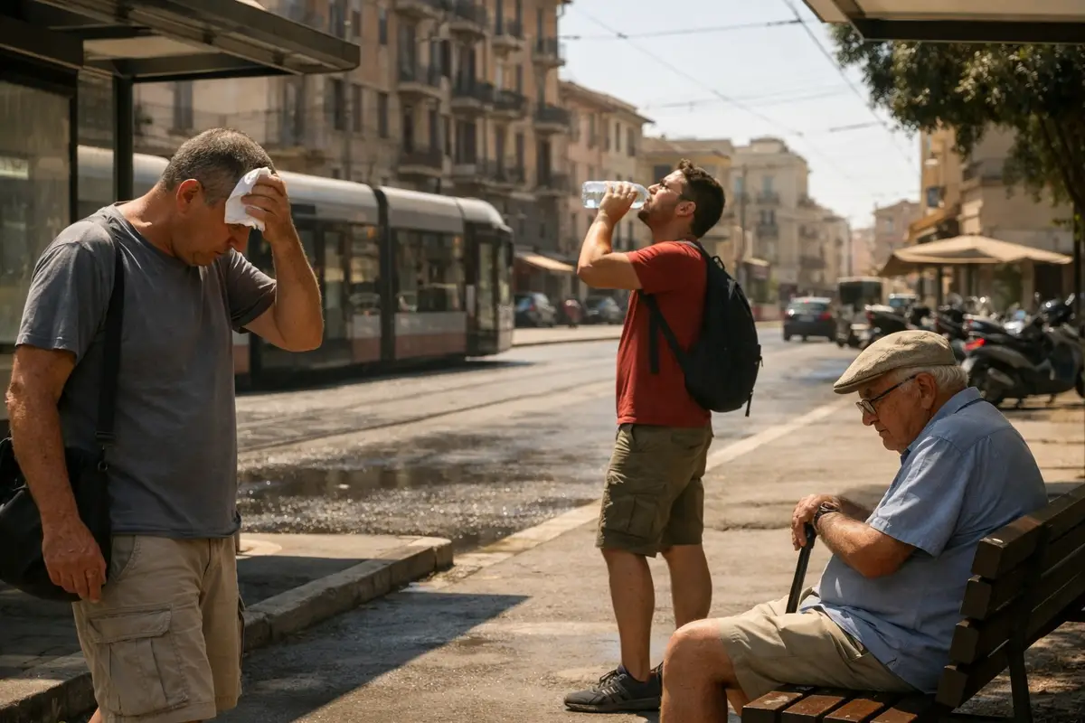 Uomini in strada sotto il sole: uno si asciuga il sudore, un altro beve acqua, anziano seduto su una panchina